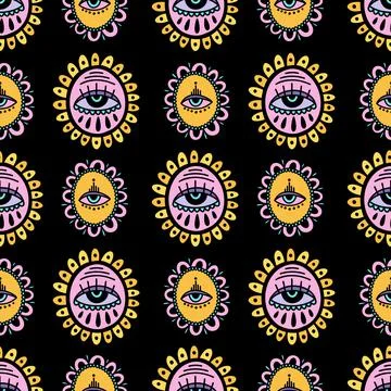 Seamless pattern Evil eye third element hand drawn.Esoteric mystic symbol Stock Illustration