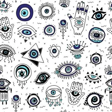 Seamless pattern with Evil eyes and Fatimas hand symbols vector illustration. Stock Illustration
