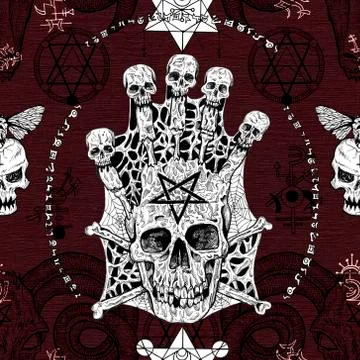 Seamless pattern with evil skull and pentagram on red. No foreign language Stock Illustration