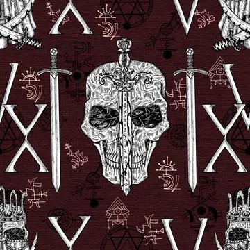 Seamless pattern with evil skull, sword, roman numerals and evil symbols.  My Stock Illustration