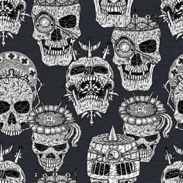 Seamless pattern with evil skulls on black backround.  Mystic background for  Stock Illustration