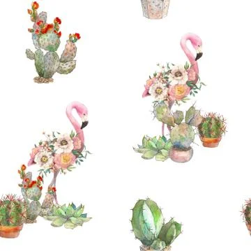 Seamless pattern exotic bright bird Flamingo with blooming flowers and cactus Stock Illustration