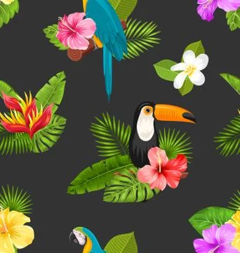 Seamless Pattern with Exotic Flowers and Birds. Jungle Texture Illustration