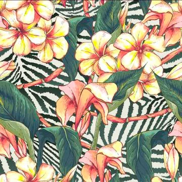 Seamless pattern with exotic flowers Stock Illustration