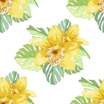Seamless pattern of exotic flowers Stock Illustration