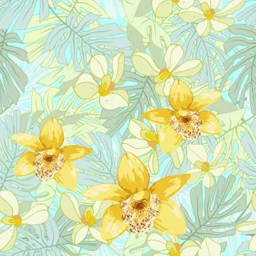 Seamless pattern of exotic flowers Stock Illustration