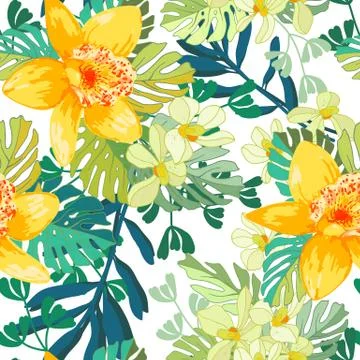 Seamless pattern of exotic flowers Stock Illustration