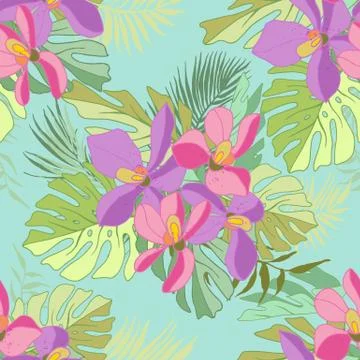 Seamless pattern of exotic flowers Stock Illustration