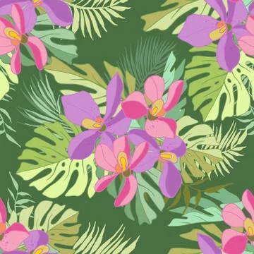 Seamless pattern of exotic flowers Stock Illustration