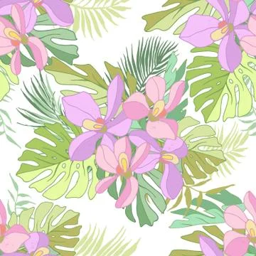 Seamless pattern of exotic flowers Stock Illustration