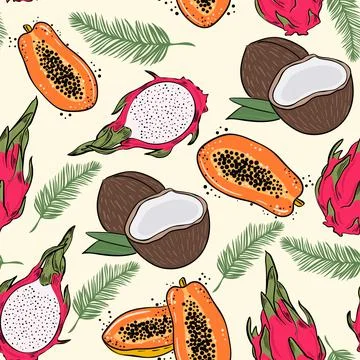 Seamless pattern with exotic fruits. Vector. Fruits and palm branches. 스톡 일러스트