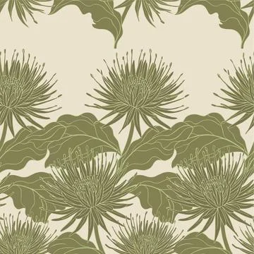 Seamless Pattern with Exotic Green Flowers and Leaves on a Light Background. Stock Illustration