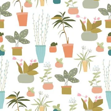 Seamless pattern with exotic house plants on white background 스톡 일러스트