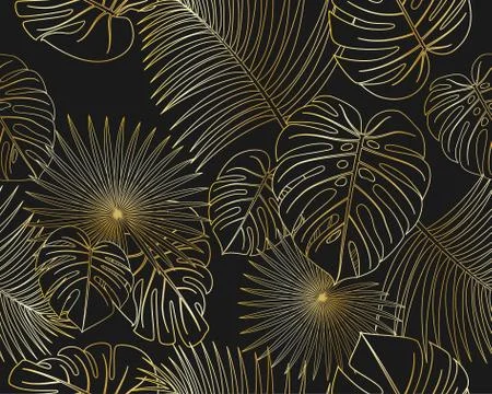 Seamless pattern of exotic jungle tropical golden palm leaves on black backgr Stock Illustration