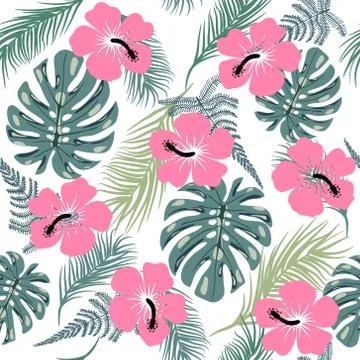 Seamless pattern with exotic leaves and hibiscus flowers Stock Illustration