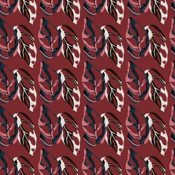 Seamless pattern with exotic monstera leaf silhouettes. Maroon background. St Stock Illustration