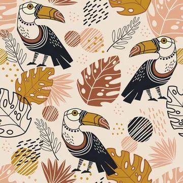 Seamless pattern exotic toucan birds and plants vector illustration Stock Illustration