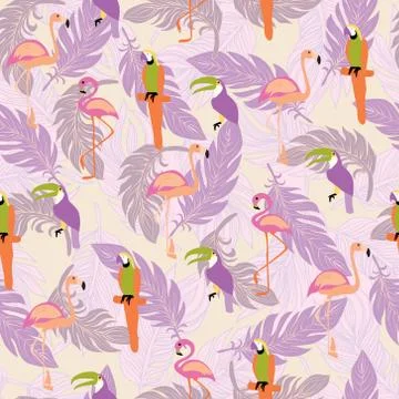 Seamless pattern with exotic tropical birds and Feathers. Stock Illustration