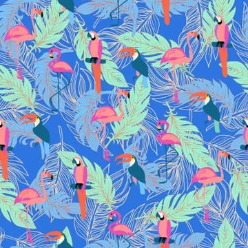 Seamless pattern with exotic tropical birds and Feathers. Stock Illustration