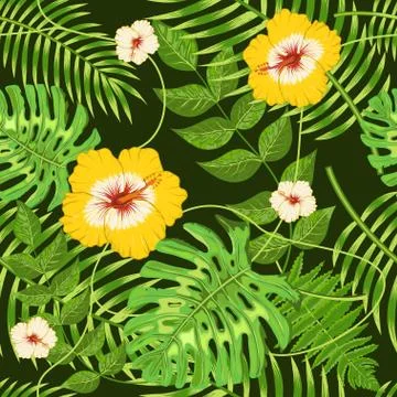 Seamless pattern with exotic tropical leaves and flowers Stock Illustration
