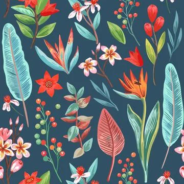 Seamless pattern with exotic tropical plants and flowers. Tropical paradise Stock Illustration
