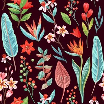 Seamless pattern with exotic tropical plants and flowers. Tropical paradise Illustrazione stock