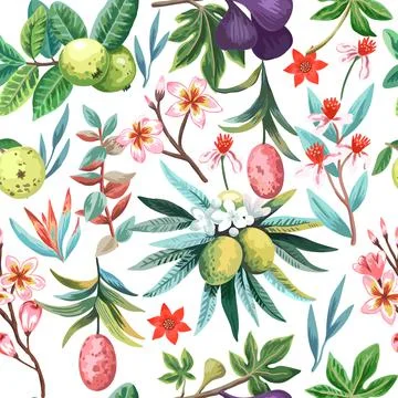 Seamless pattern with exotic tropical plants, fruits and flowers. Tropical Illustrazione stock