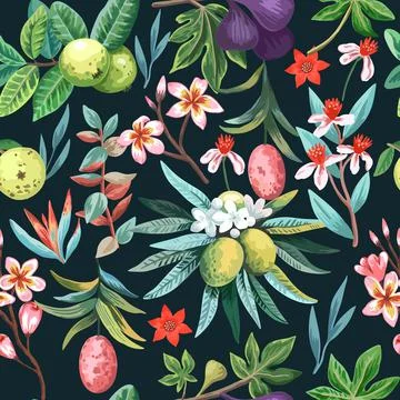 Seamless pattern with exotic tropical plants, fruits and flowers. Tropical Stock Illustration
