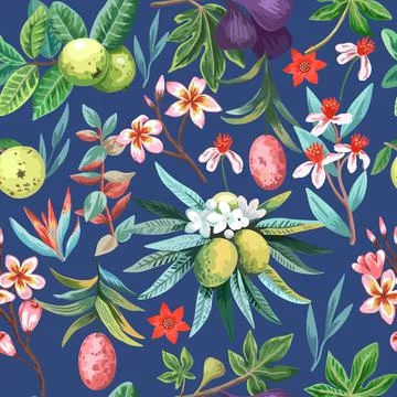 Seamless pattern with exotic tropical plants, fruits and flowers. Tropical Stock Illustration