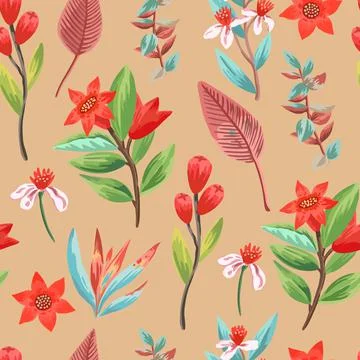 Seamless pattern with exotic tropical plants and flowers. Tropical paradise Illustrazione stock