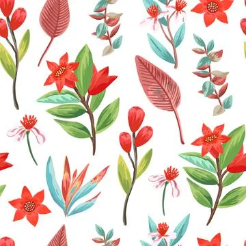 Seamless pattern with exotic tropical plants and flowers. Tropical paradise Stockillustratie
