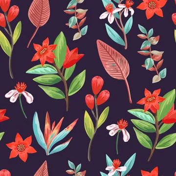 Seamless pattern with exotic tropical plants and flowers. Tropical paradise Stockillustratie