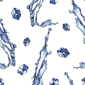 Seamless pattern expressive water splashing, ice cubes composition isolated on Stock Illustration