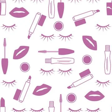 Seamless pattern Eyelashes, lips, mascara lipstick Stock Illustration