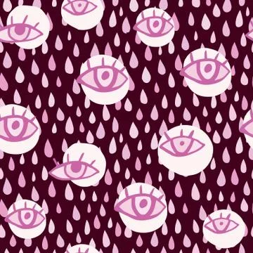 Seamless pattern with eyes and drops. Lilac contoured eyes, white circles and Stock Illustration
