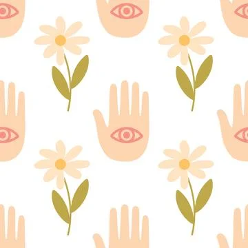 Seamless Pattern with Eyes in Hands and Daisies イラスト素材