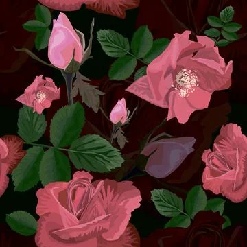 Seamless pattern for fabric with flowers of pink roses and green leaves Stock Illustration