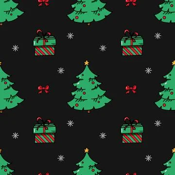 Seamless pattern for fabric, wrap. Christmas tree and gift among snowflakes Illustrazione stock