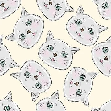 Seamless pattern with face cat. Grey kitten on beige background with animal. Stock Illustration