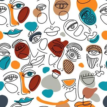 Seamless pattern face line art. surreal face painting with color shapes. Vector Stock Illustration