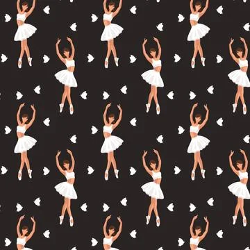 Seamless pattern of a faceless dancing ballerina silhouette with the butterfly Stock Illustration