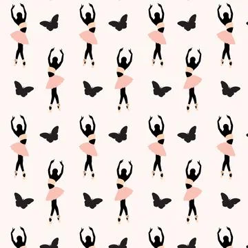 Seamless pattern of a faceless dancing ballerina silhouette with the butterfly 库存插图