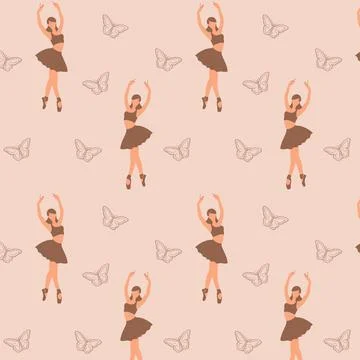 Seamless pattern of a faceless dancing ballerina silhouette with the butterfly 库存插图