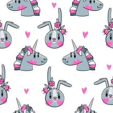 Seamless pattern with faces of bunny and rainbow unicorn. Fashion kawaii animal Stock Illustration
