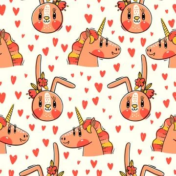 Seamless pattern with faces of bunny and rainbow unicorn. Fashion kawaii animal Stock Illustration