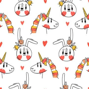 Seamless pattern with faces of bunny and rainbow unicorn. Fashion kawaii animal Stock Illustration