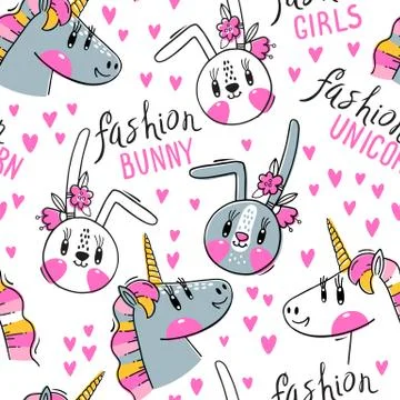Seamless pattern with faces of bunny and rainbow unicorn. Fashion kawaii animal Stock Illustration