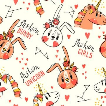 Seamless pattern with faces of bunny and rainbow unicorn. Fashion kawaii animal Stock Illustration