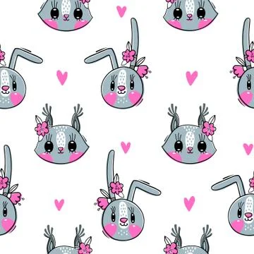 Seamless pattern with faces of bunny and squirrel. Fashion girls. Kawaii animal Stock Illustration