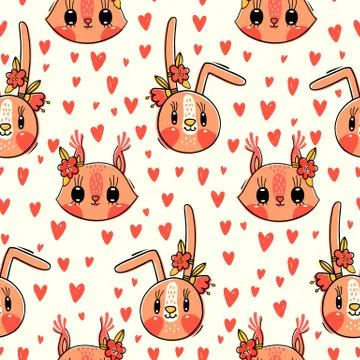 Seamless pattern with faces of bunny and squirrel. Fashion girls. Kawaii animal Stock Illustration
